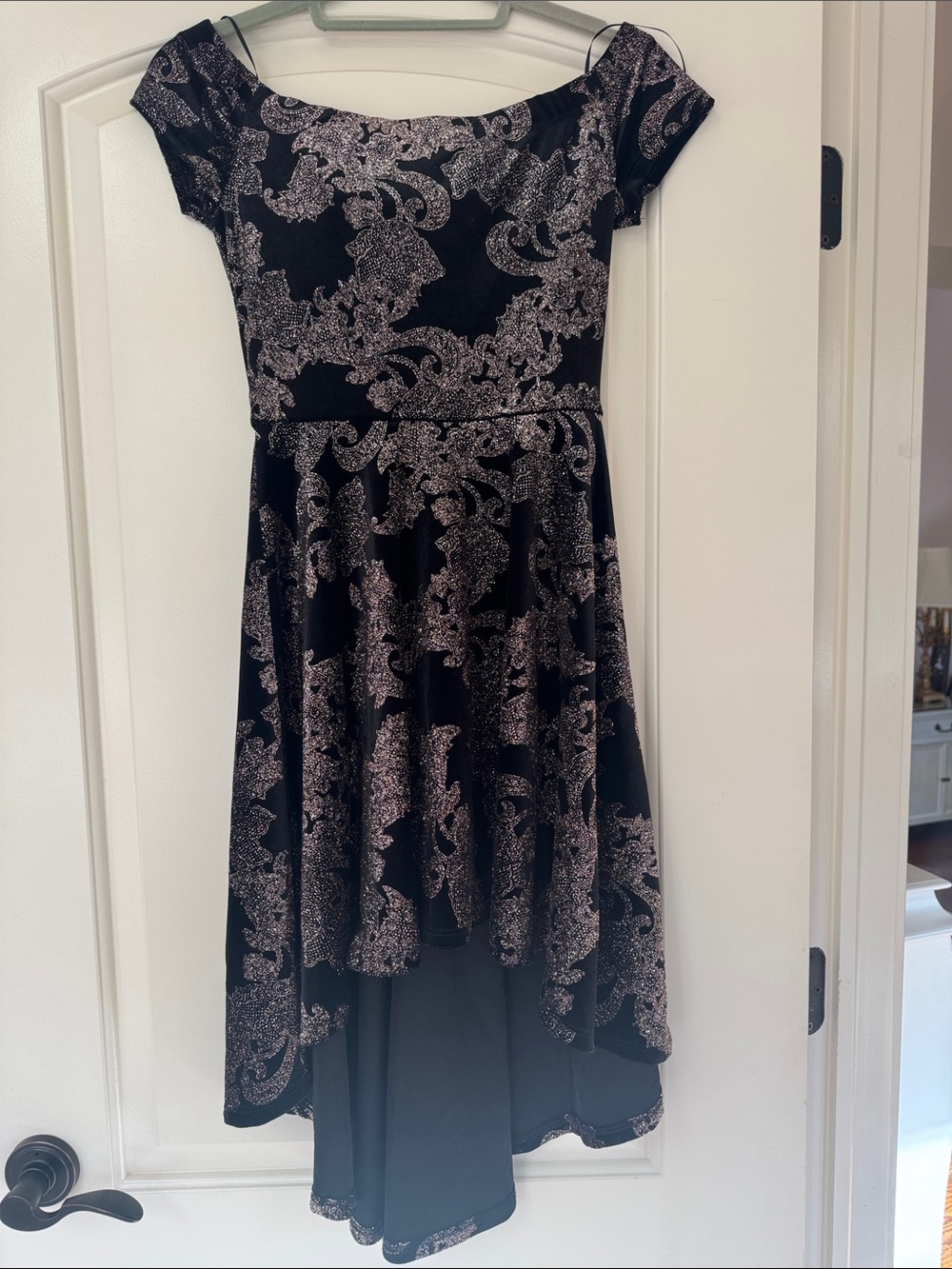 Windsor Black Dress with Metallic Rose Pattern High-Low Hem